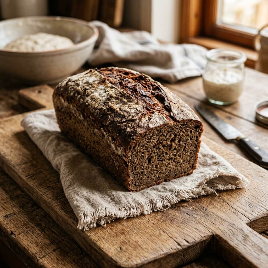 DailyMaya tam çavdar ekşi mayalı artisan ekmek — koyu renk, yoğun yapı