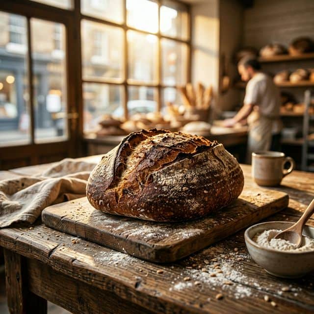İzmir'de evde hazırlanan taze ekşi mayalı artisan köy ekmeği — çıtır kabuk, açık gözenekli iç yapı